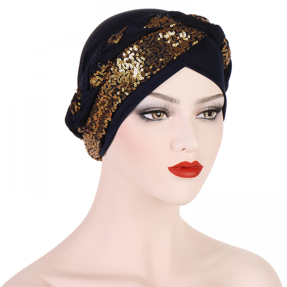 Sequin Pre-tied Turban Cap Crossed Head Wrap Bonnet Solid Beanie Chemo Hats