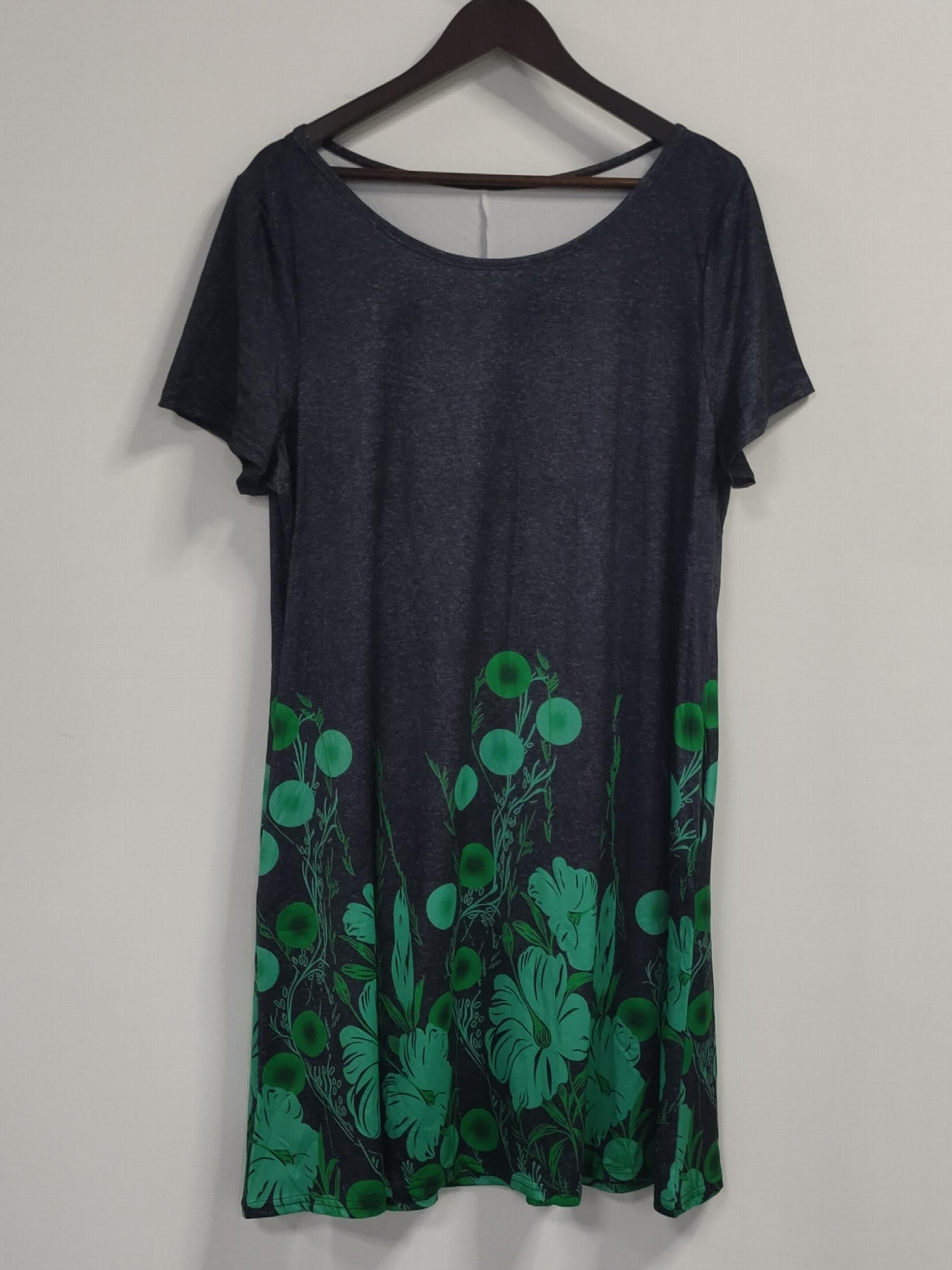  Casual Dress Women's Plus Floral Print Round Neck Short Sleeve Pockete