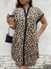  Colorblock Leopard Print V Neck Dress