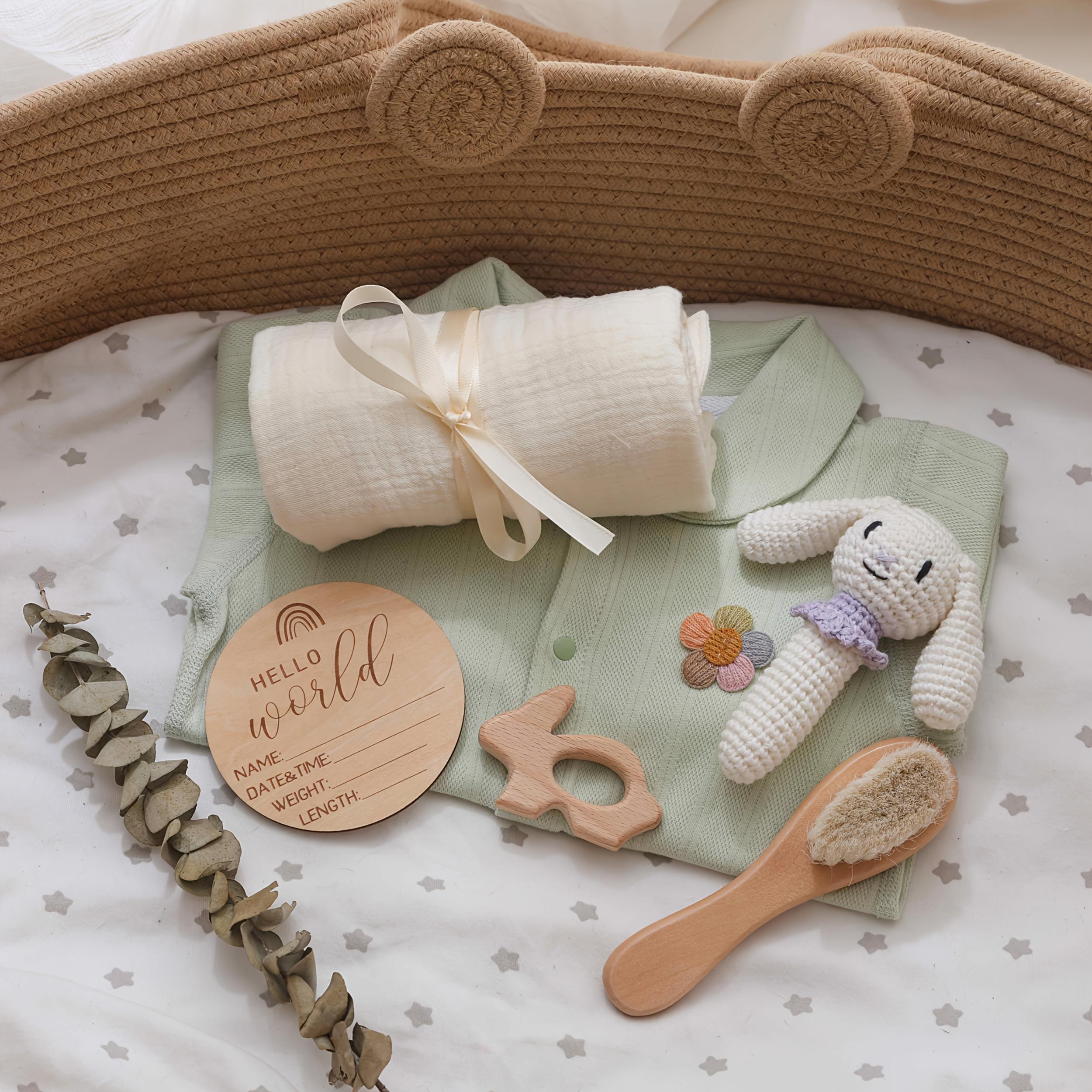 Handwoven Bamboo Bath Towel Bunny Ring Wool Brush for Newborns