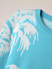Coconut Tree Pattern Knitted Sweater Men's Casual Warm Crew Neck Pullover