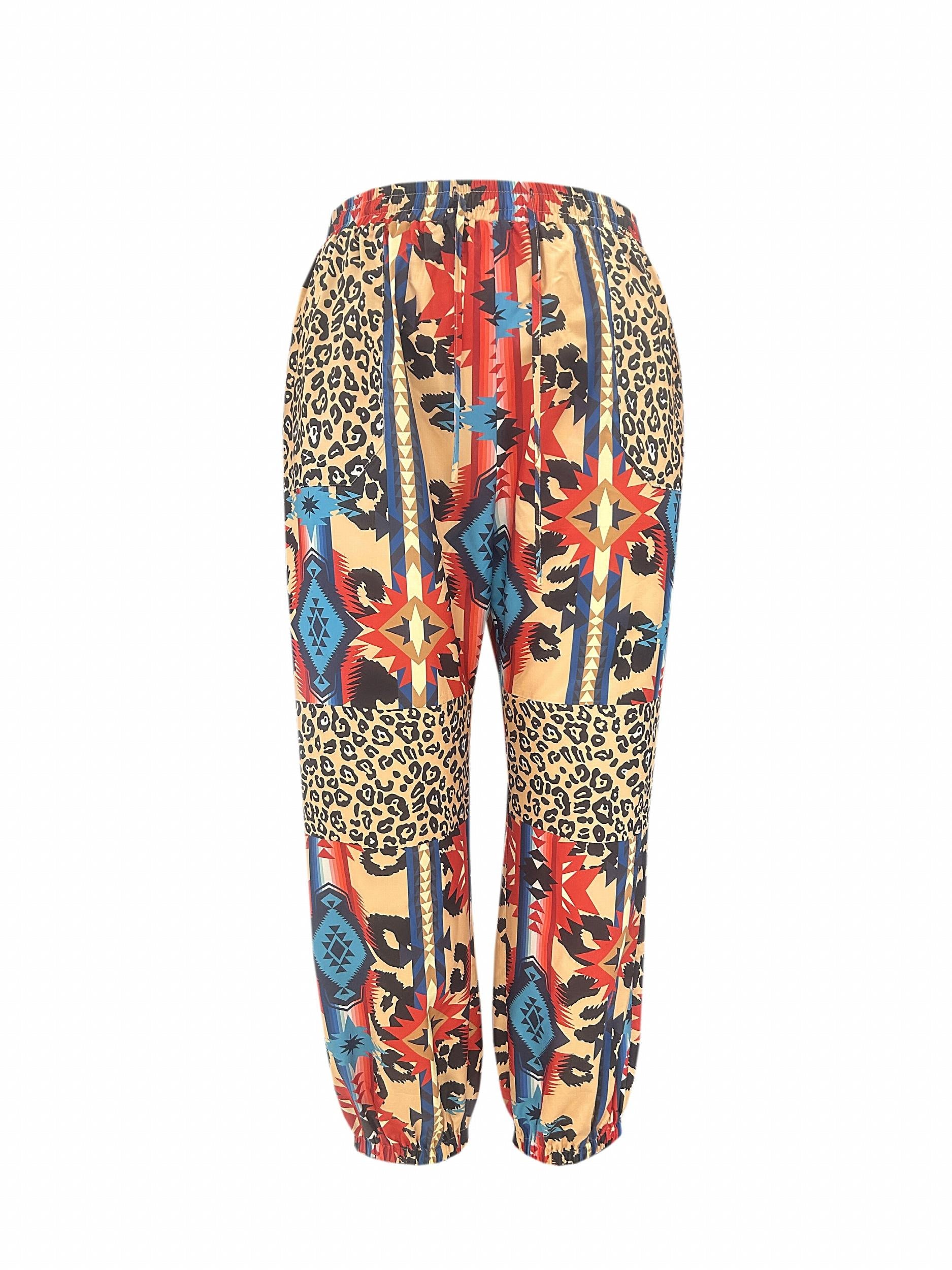  Colorblock Leopard & Southwestern Print Pants