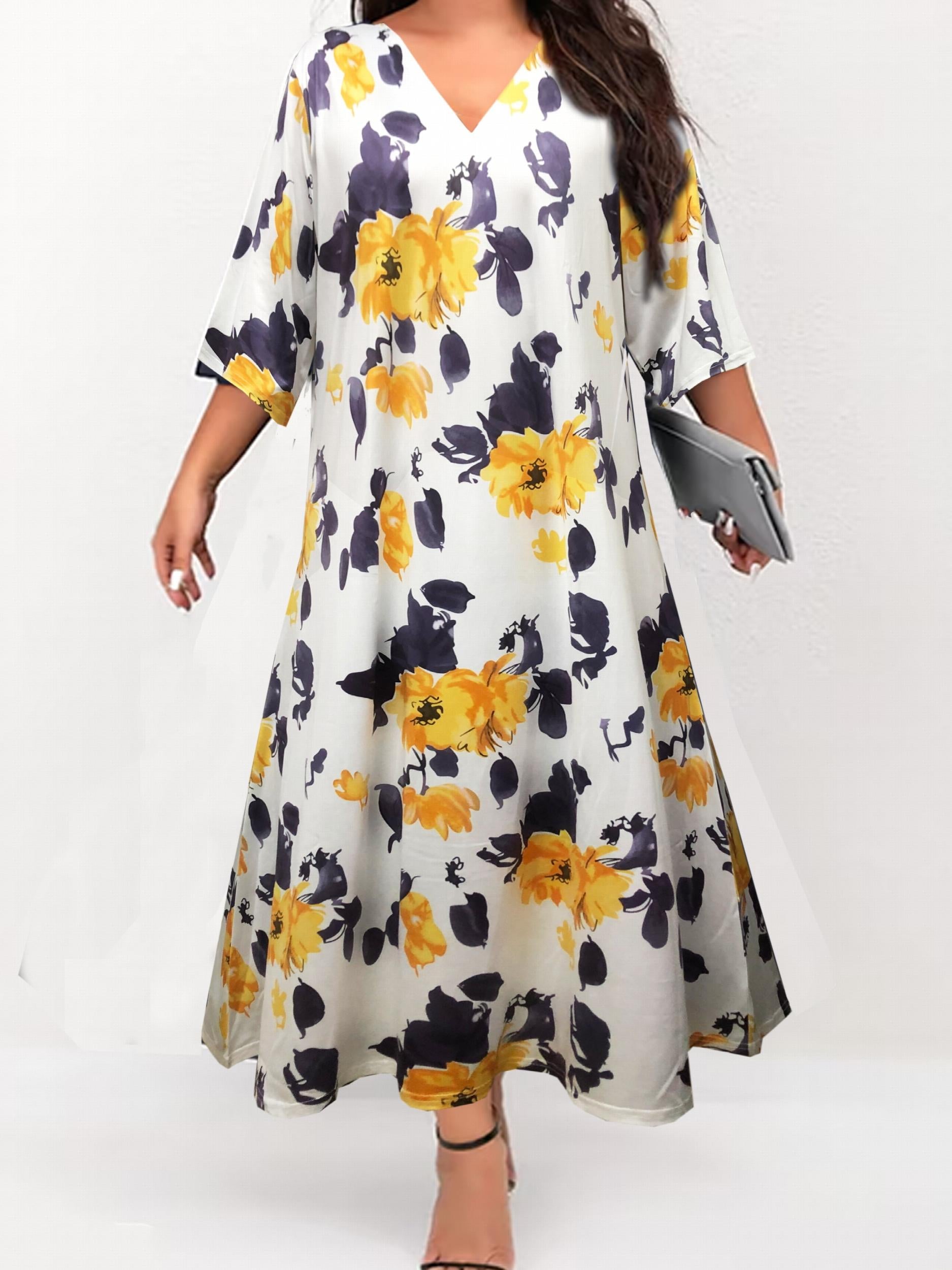 Women's Floral Print V Neck Dress