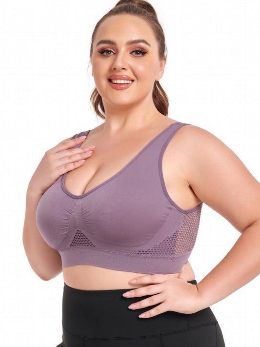  Breathable Eyelet Solid Push Up Non Underwire Sports Bra Women's Plus