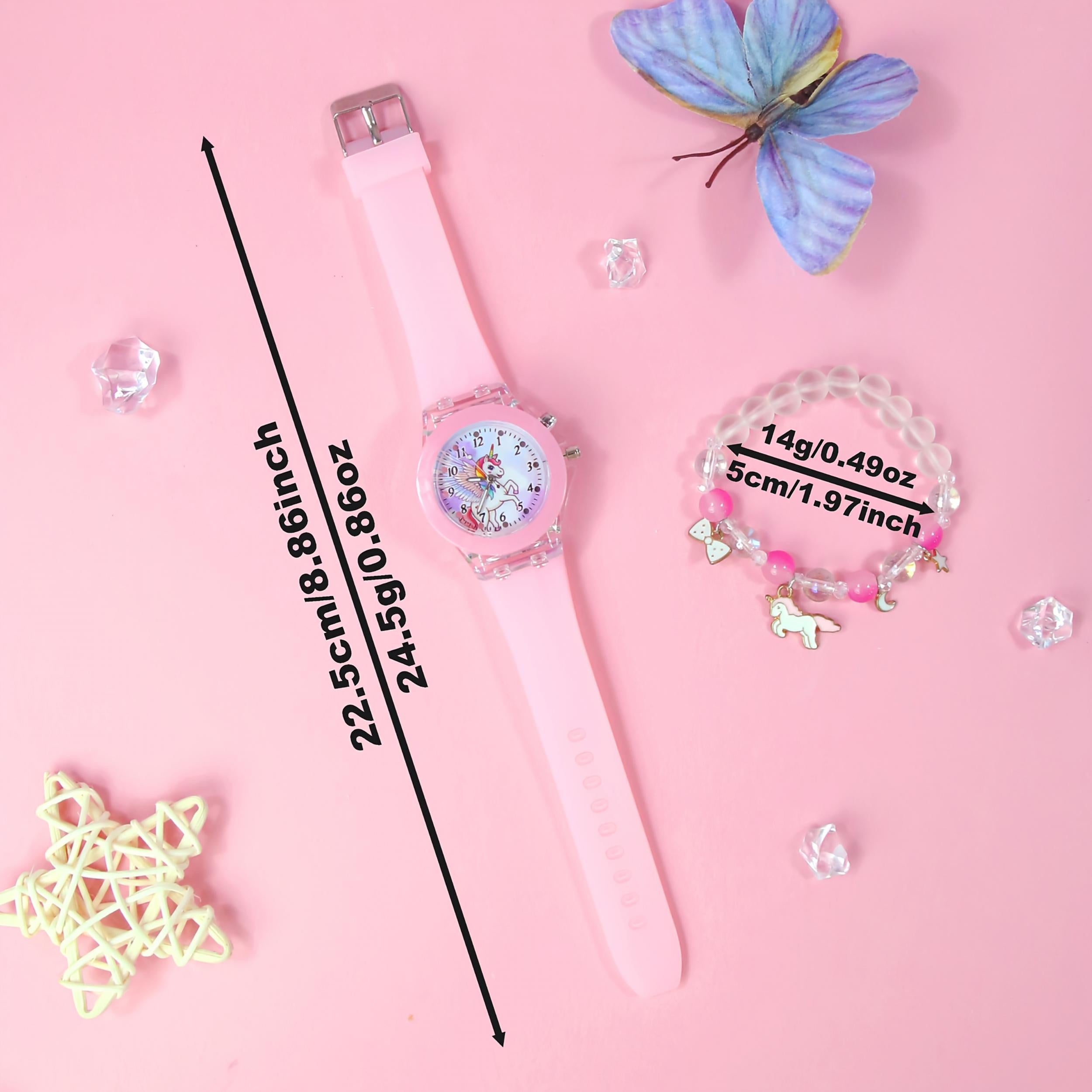 2pcs Girls' Quartz Watch Bracelet Set LED Glow Rainbow Unicorn Beaded Bracelet