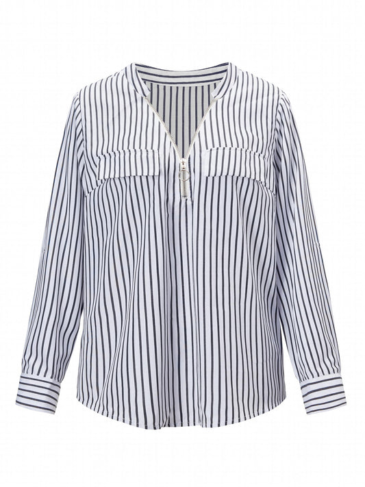  Stripe Print Half Zipper Long Sleeve V Neck Top