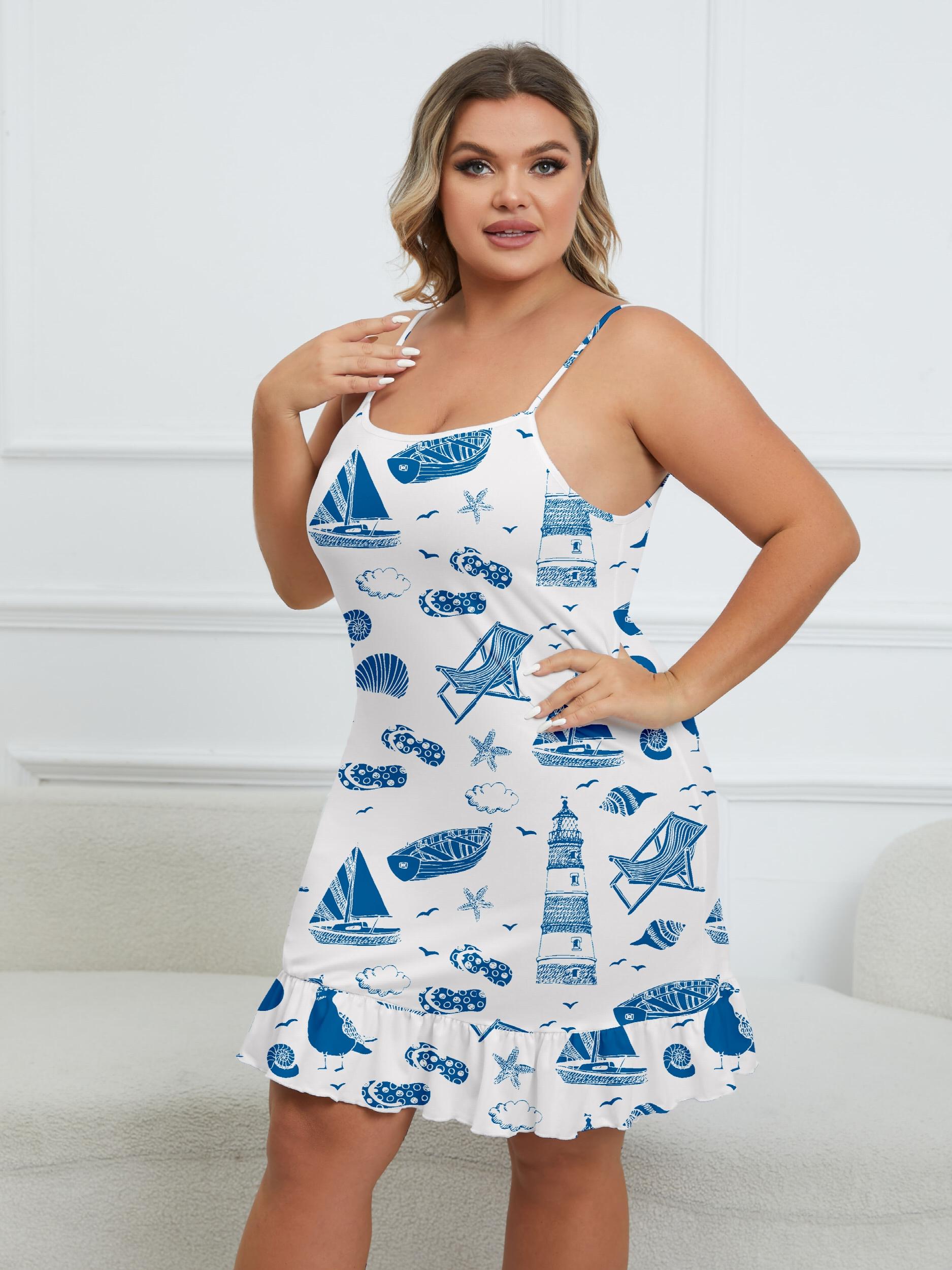  Boho Loungewear Dress - Beach Print Ruffle Trim Sleep Dress