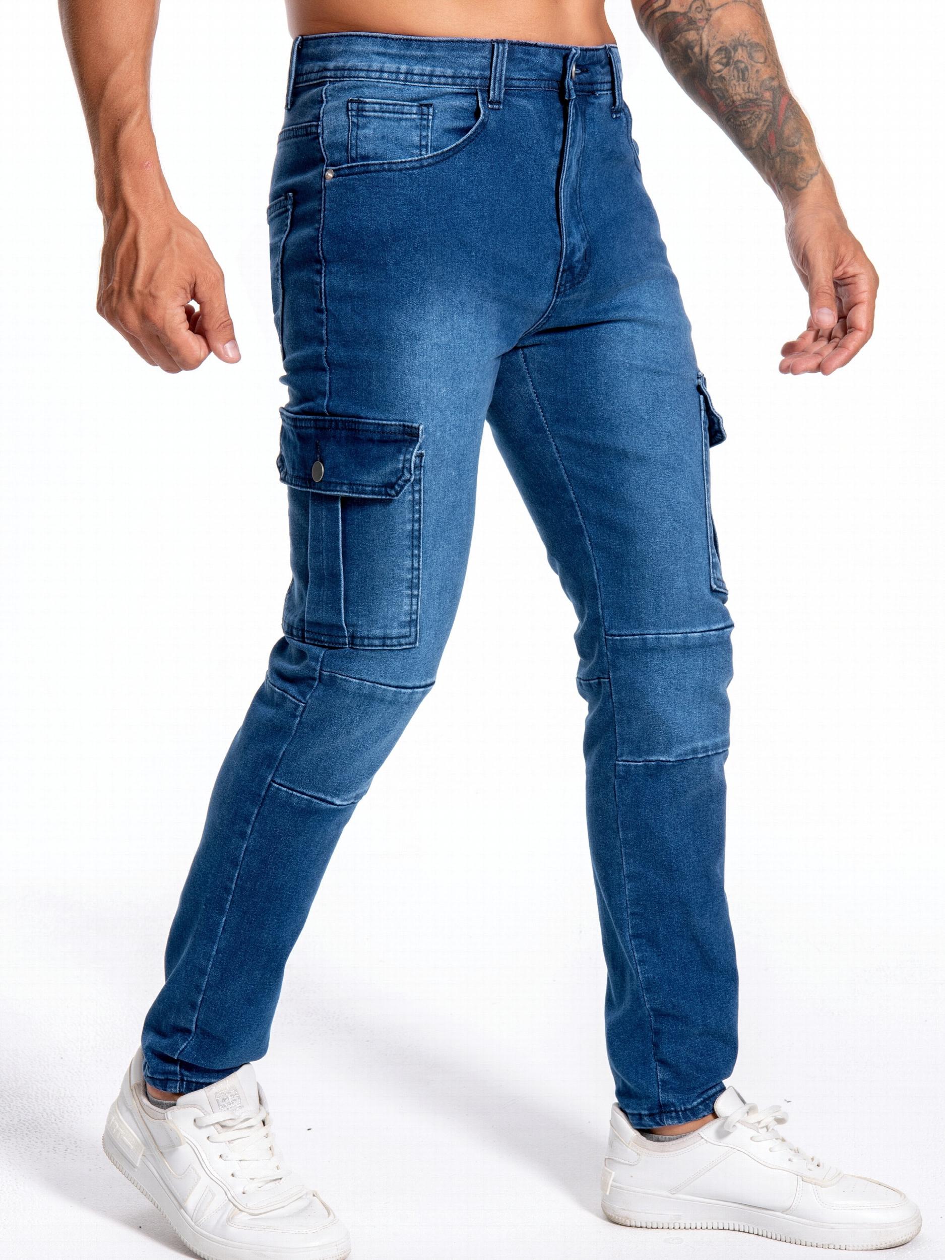 Men's Slim Fit Flap Pocket Jeans Distressed Denim Pants