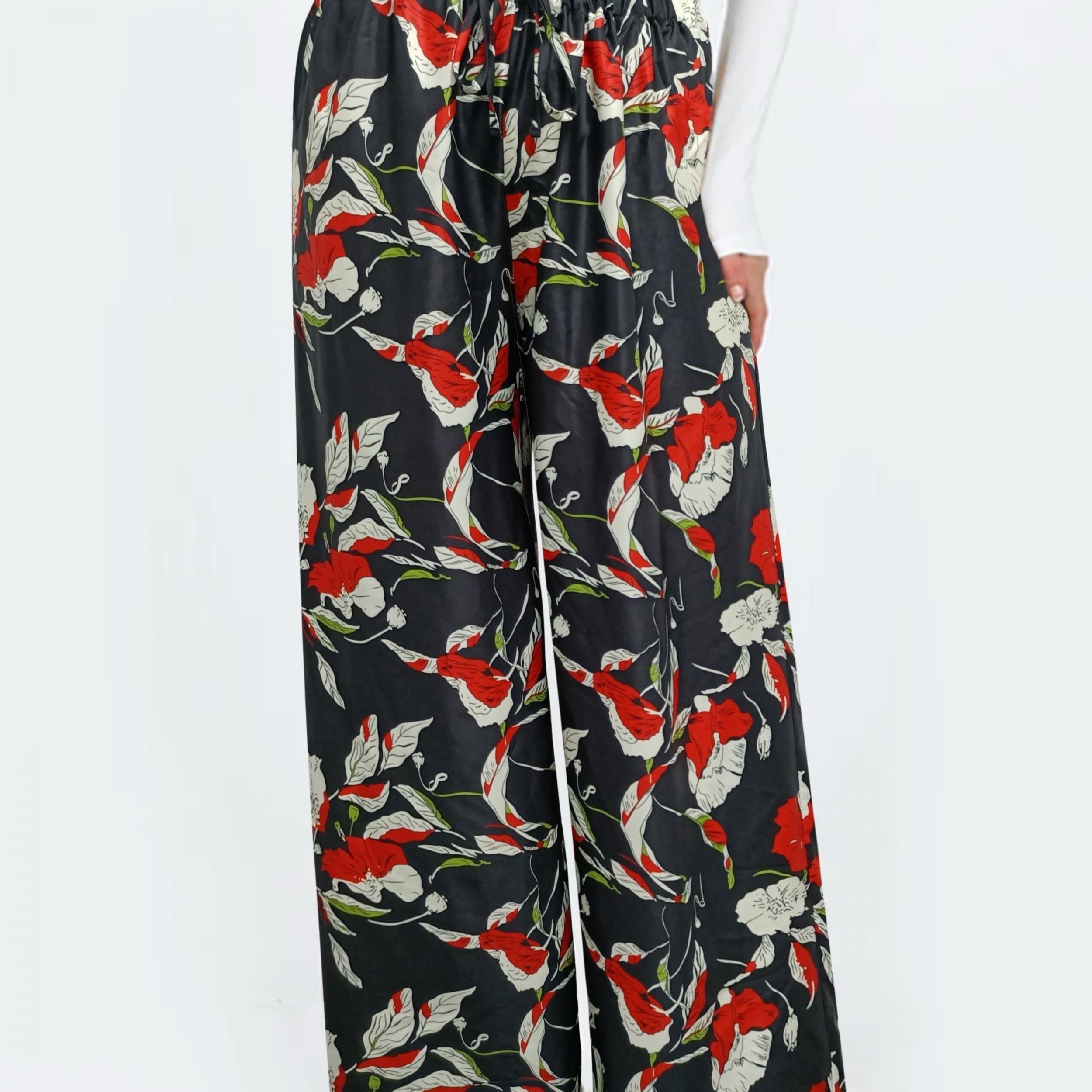 Floral Print Elastic Wide Leg Pants