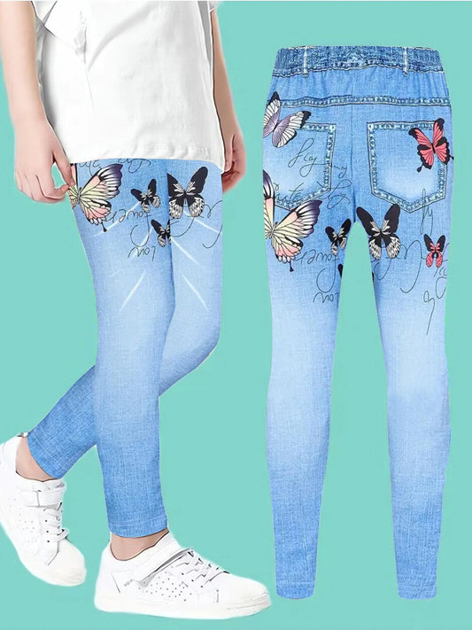 Butterfly Print Denim Leggings for Girls