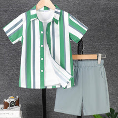 Vertical Stripe Pattern Boy's 2pcs Short Sleeve Shirt & Shorts Set