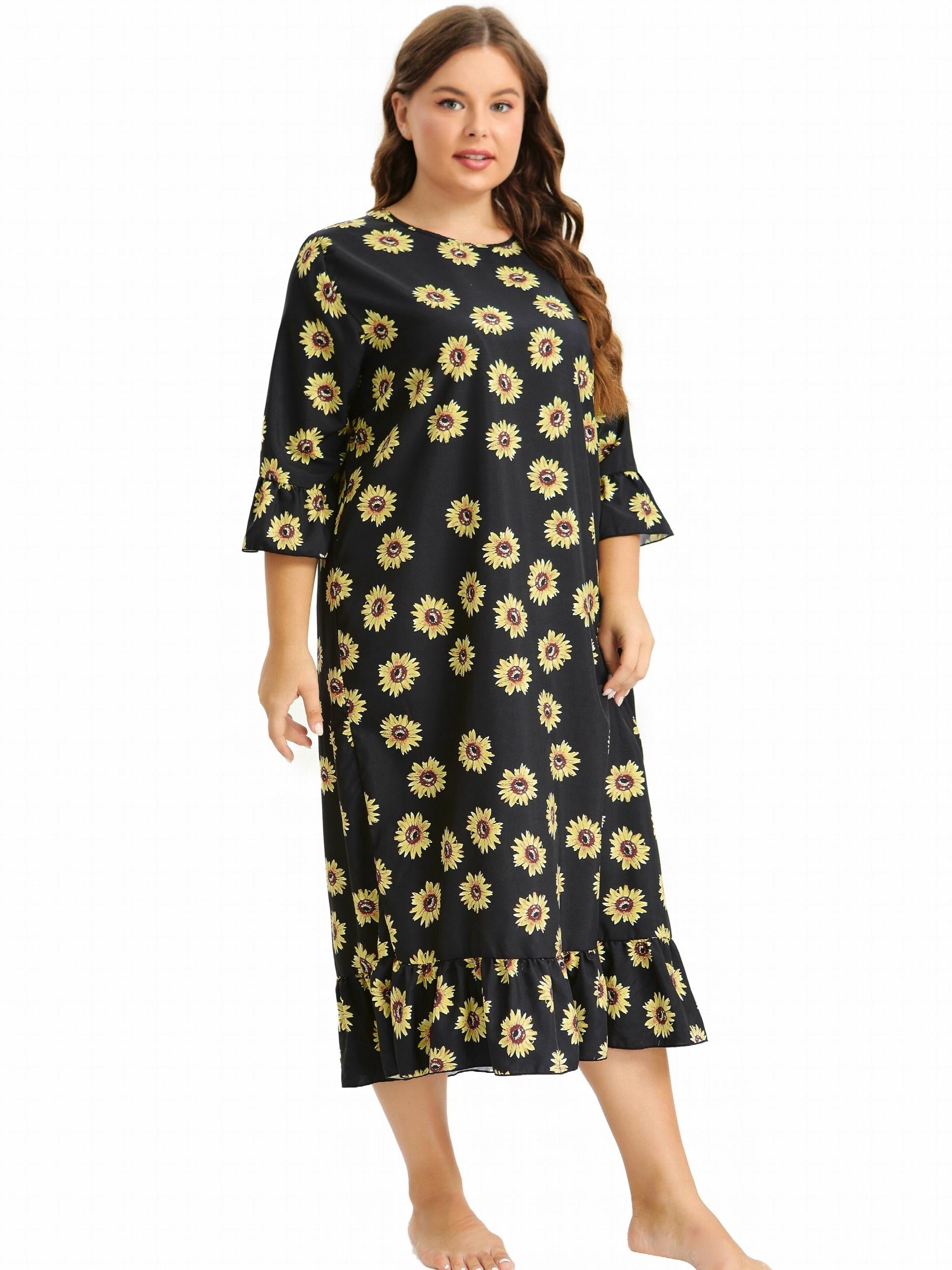  Sunflower Print Ruffle Trim Sleep Dress