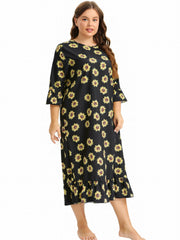  Sunflower Print Ruffle Trim Sleep Dress