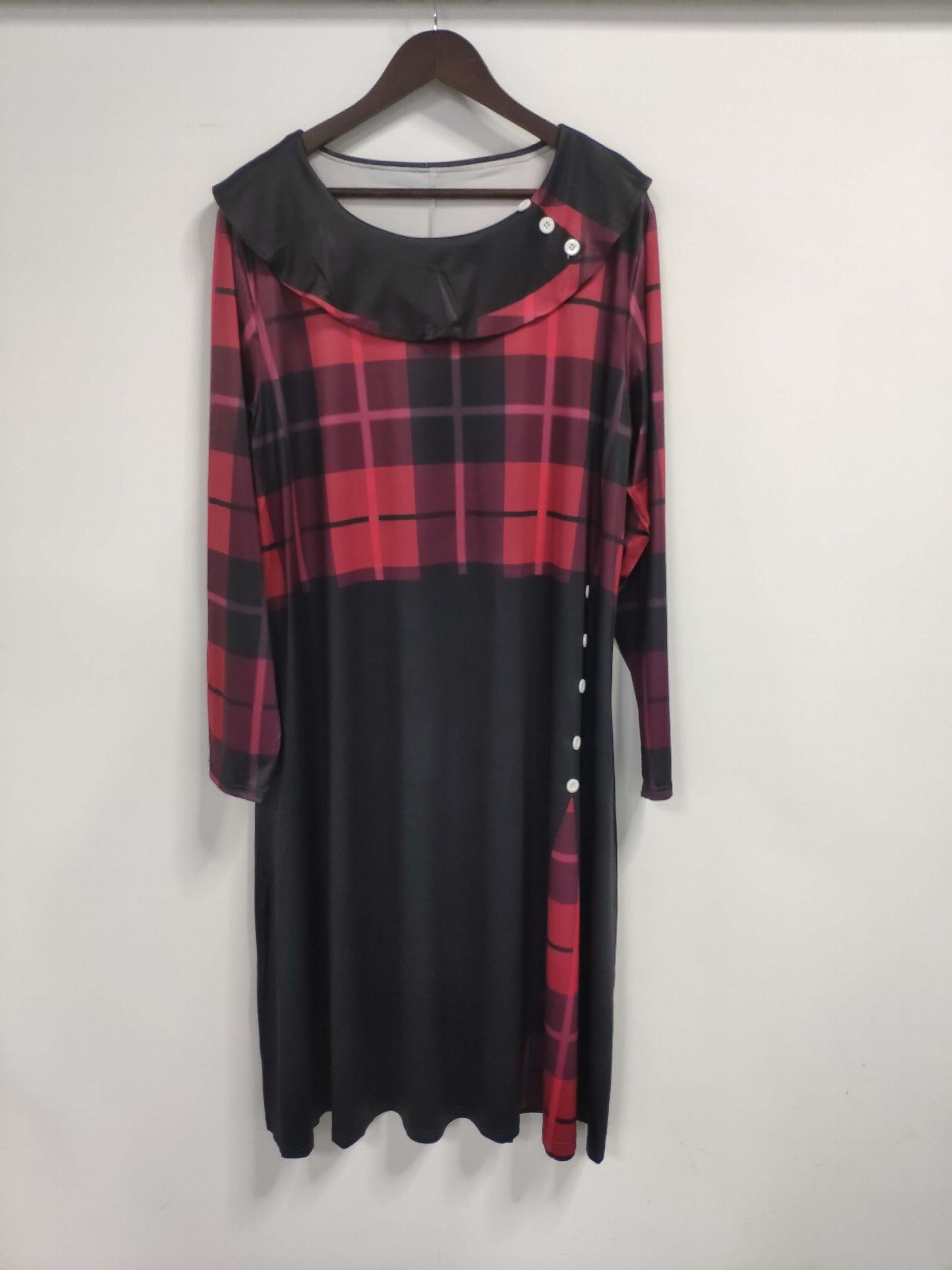  Colorblock Plaid Print Button Decor Dress
