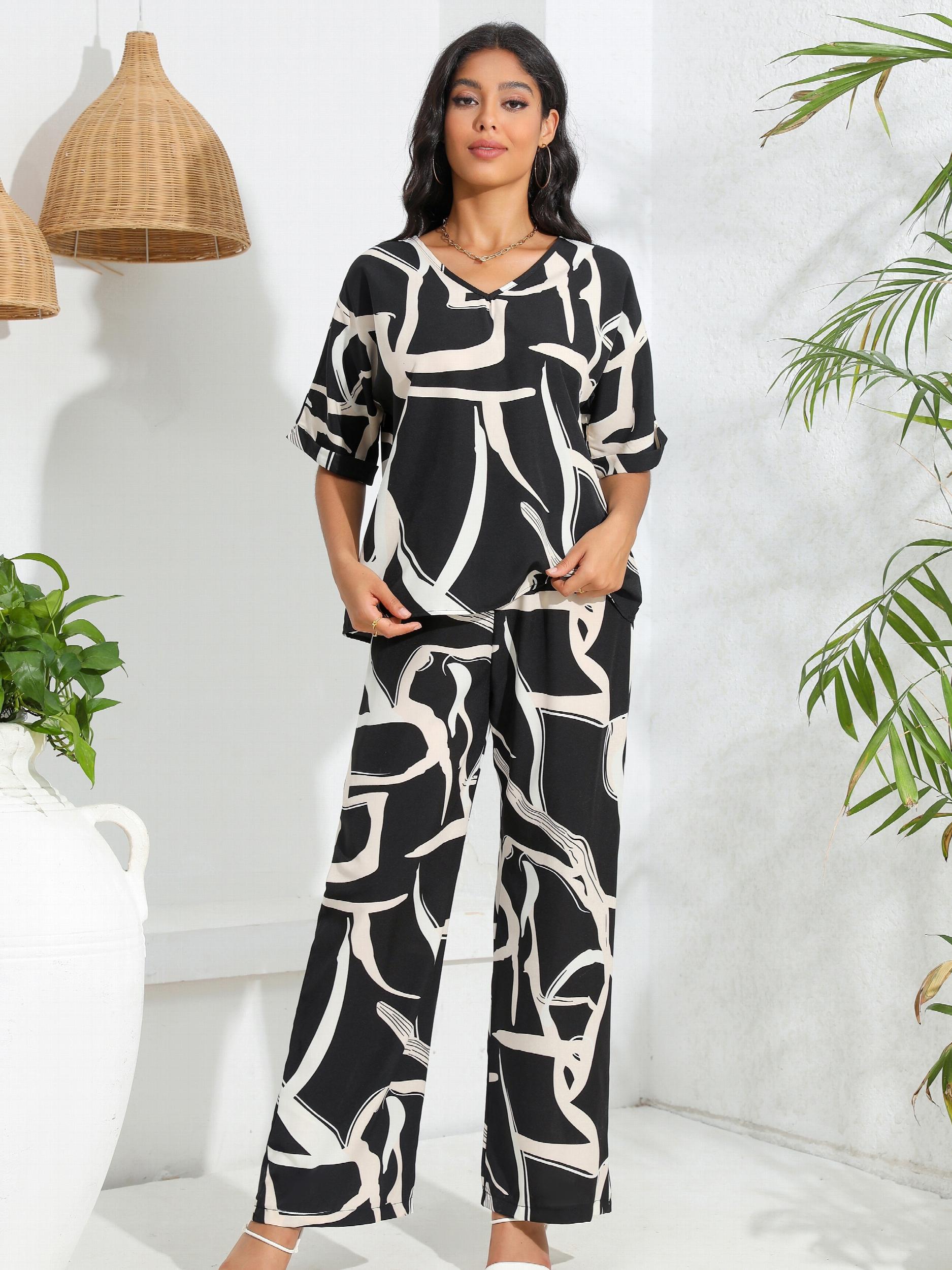 Abstract Print 2pc Set V Neck Half Sleeve Tops & Wide Leg Pants