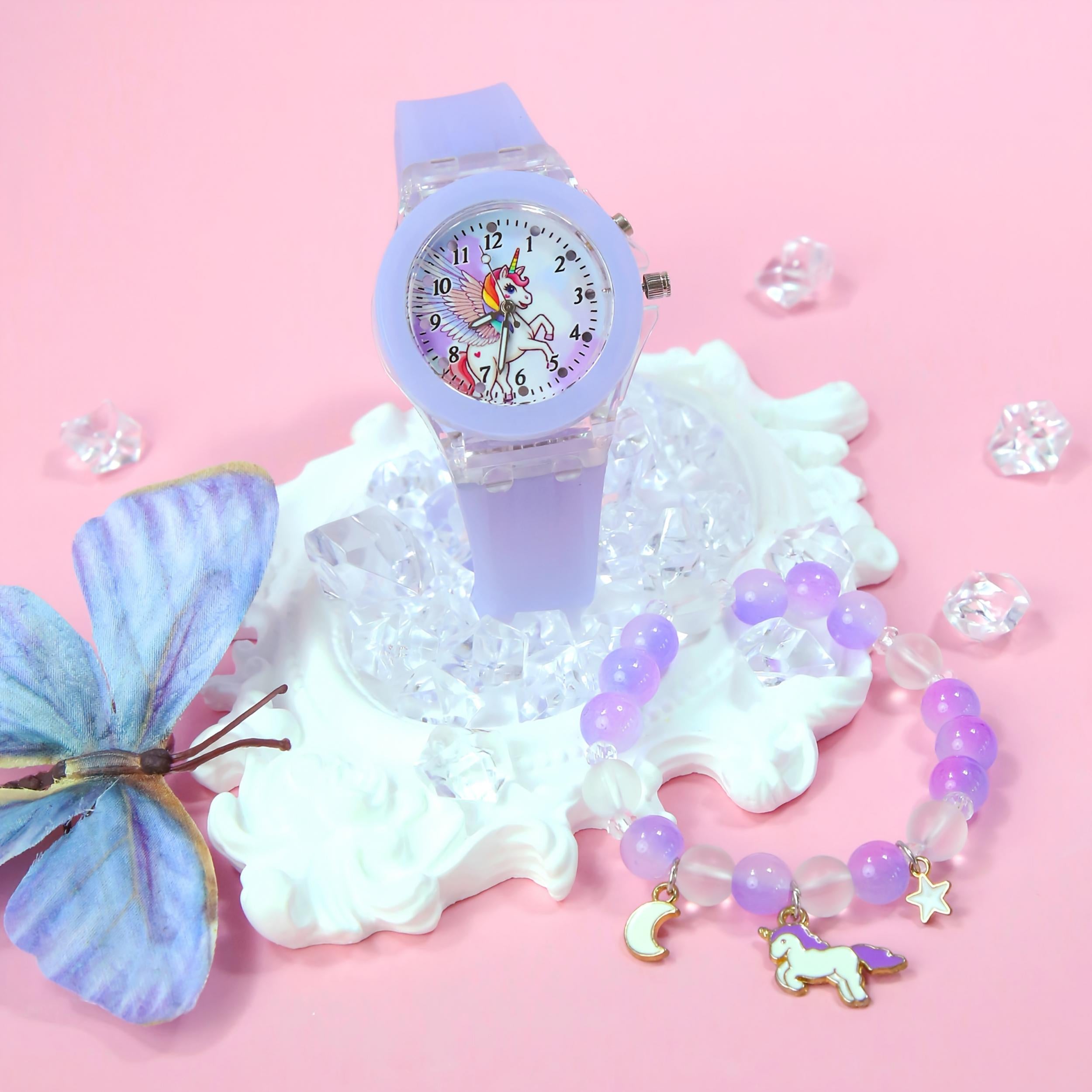 2pcs Girls' Quartz Watch Bracelet Set LED Glow Rainbow Unicorn Beaded Bracelet