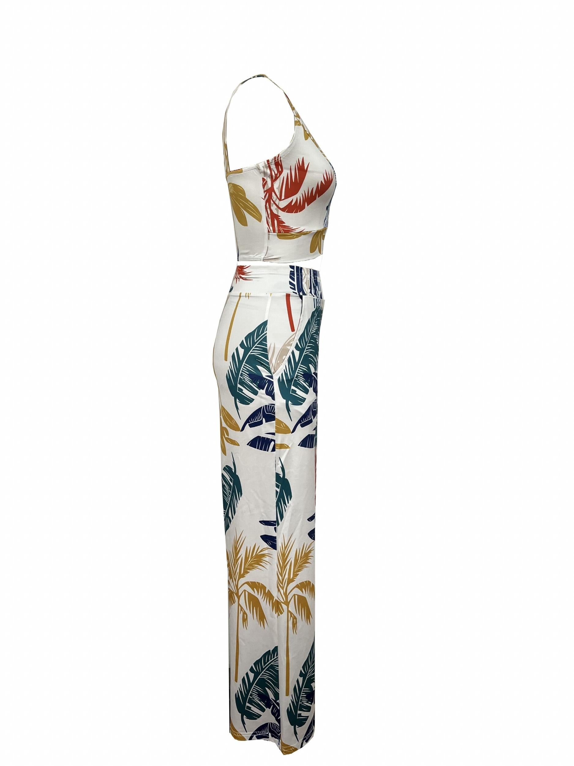 Plant Print Two Piece Set Sleeveless Top & Wide Leg Pants