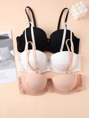 3 Pcs Lace Beaded Bra Lightweight Push Up Wireless Everyday Bra Women's Lingerie
