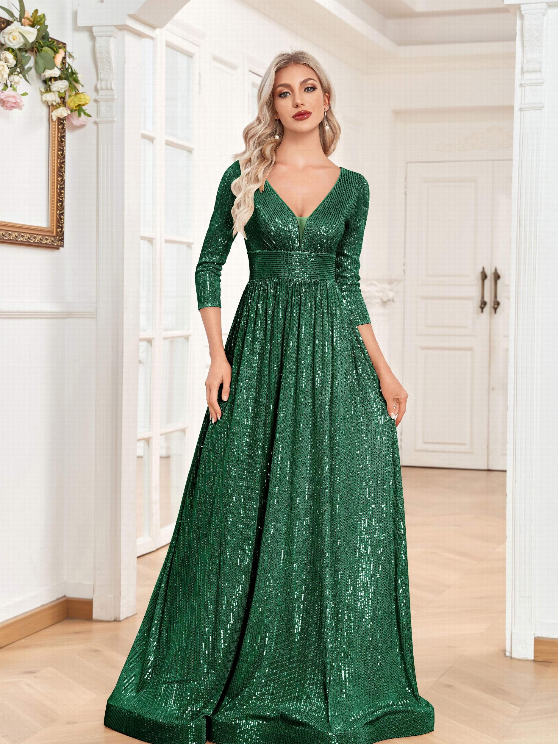 Sequined Maxi Dress V Neck Gown For Bridesmaid