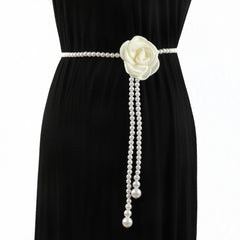 Faux Pearl Waist Chain Rose Decor Waistband Dress Sweater Girdle
