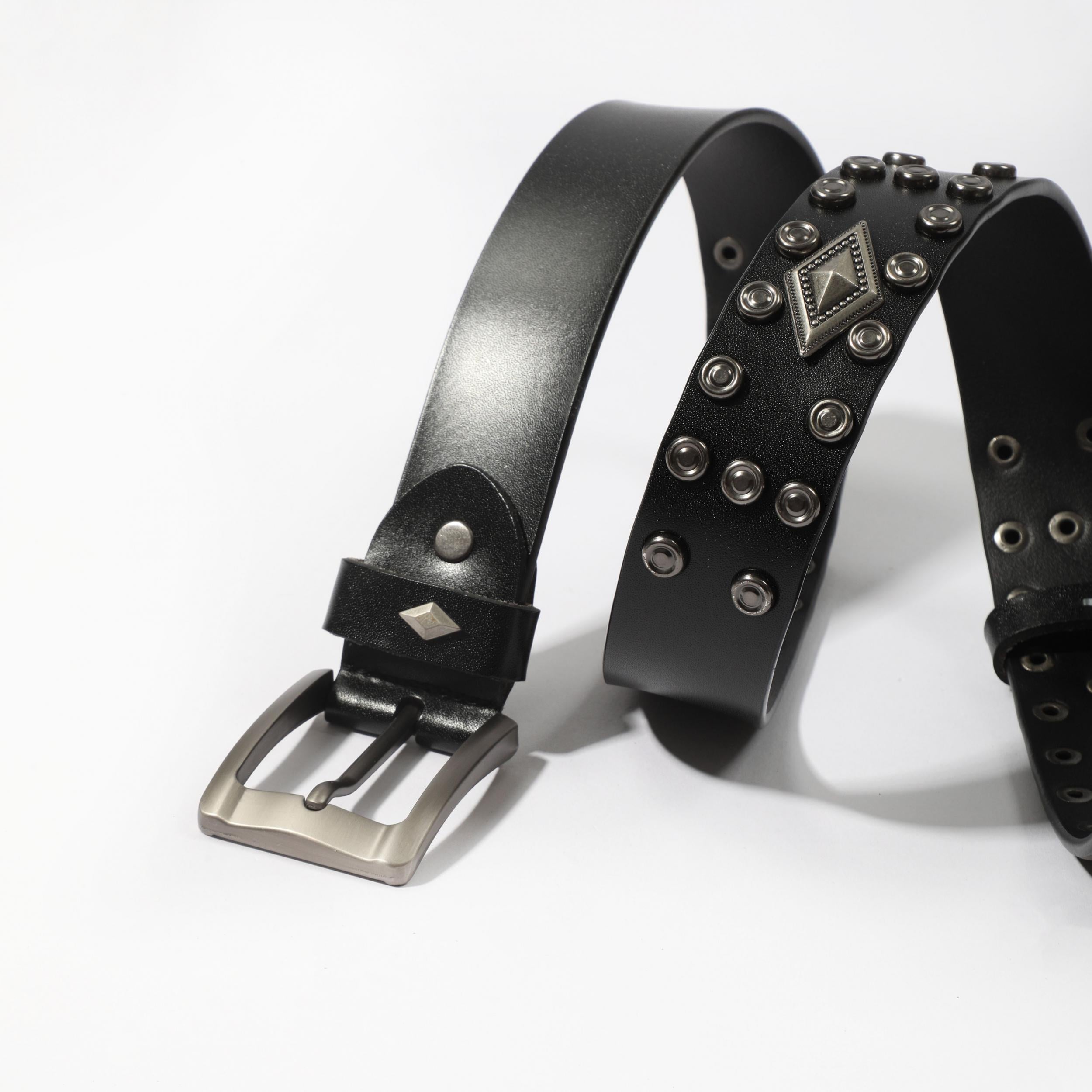 Vintage Rhombus Pattern Studded Leather Belt - Hip Hop Punk Style