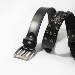 Vintage Rhombus Pattern Studded Leather Belt - Hip Hop Punk Style