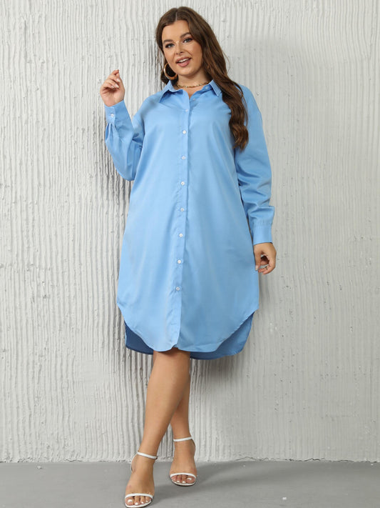  Solid Button Up Long Sleeve Collar Shirt Dress