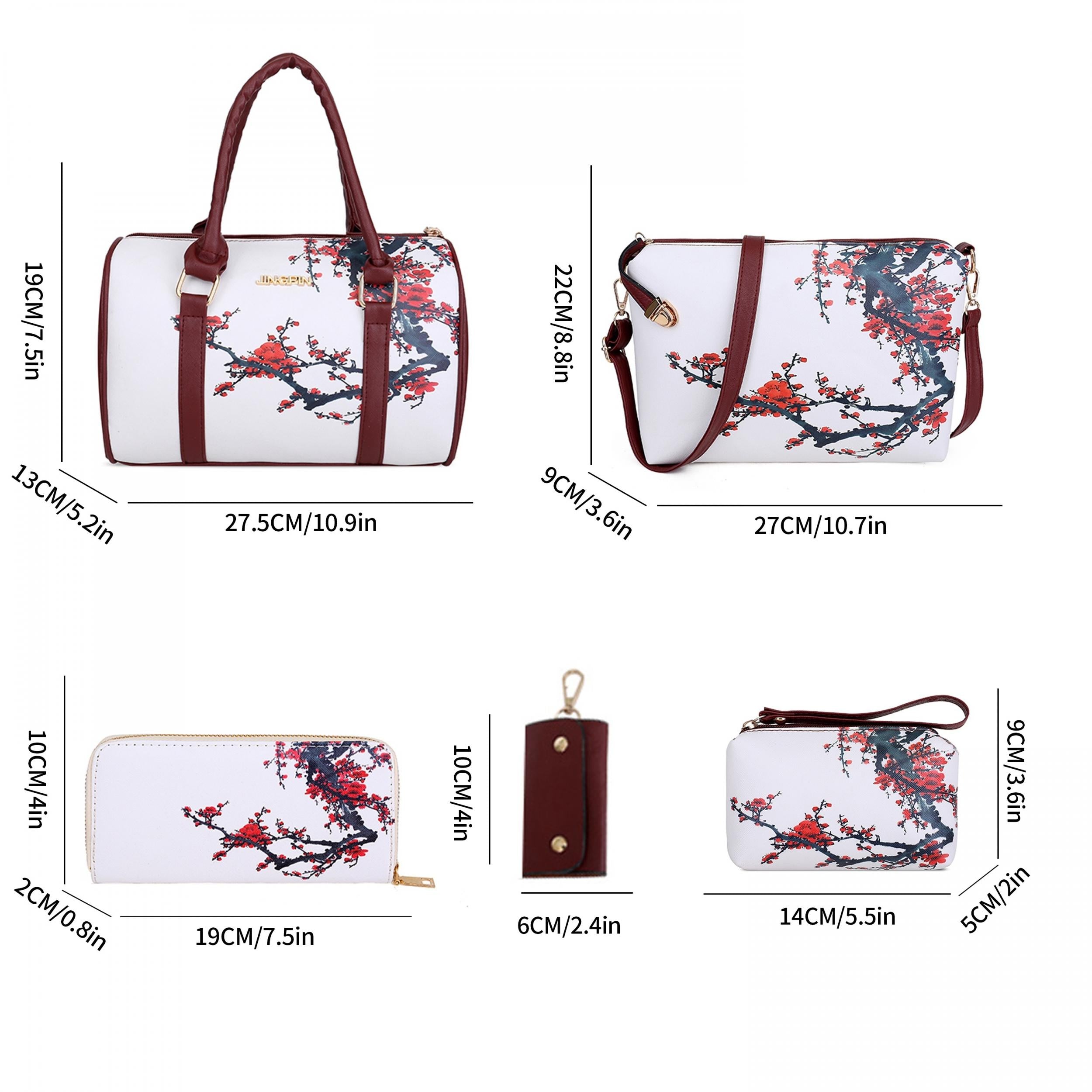 6Pcs Floral Pattern Handbag Set Vintage Tote Bag With Boston Bag