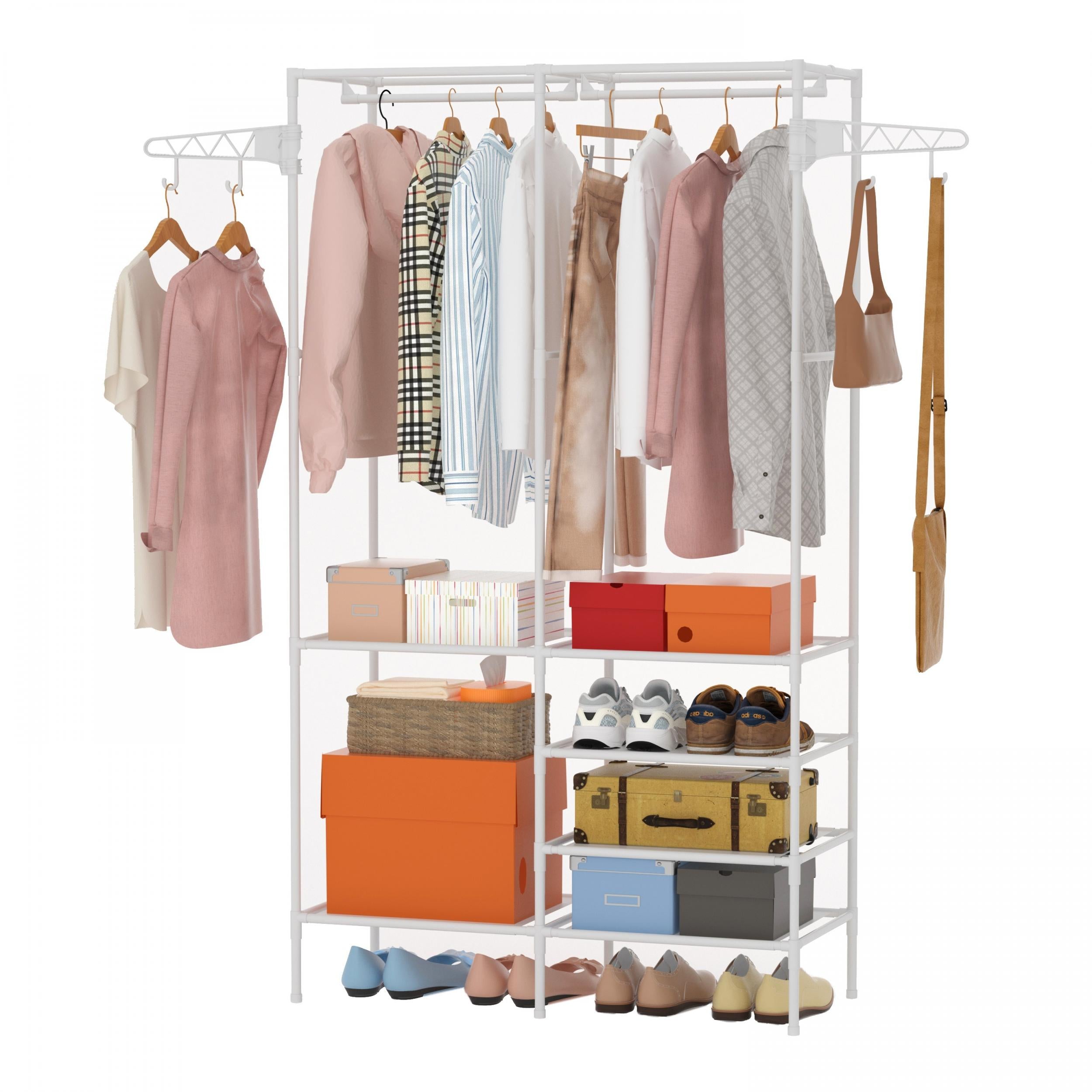 Metal Clothes Storage Rack with Shoe Storage and Hooks