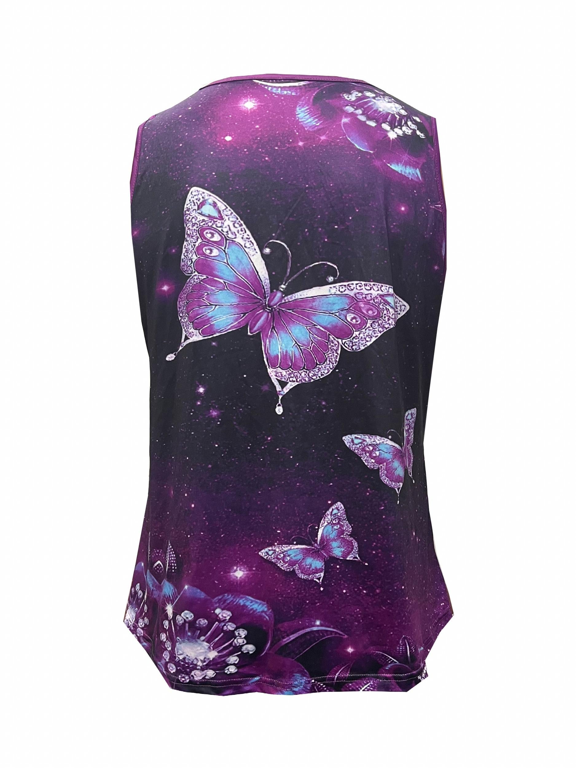 Butterfly Print Zipper V Neck Plus Size Tank Top