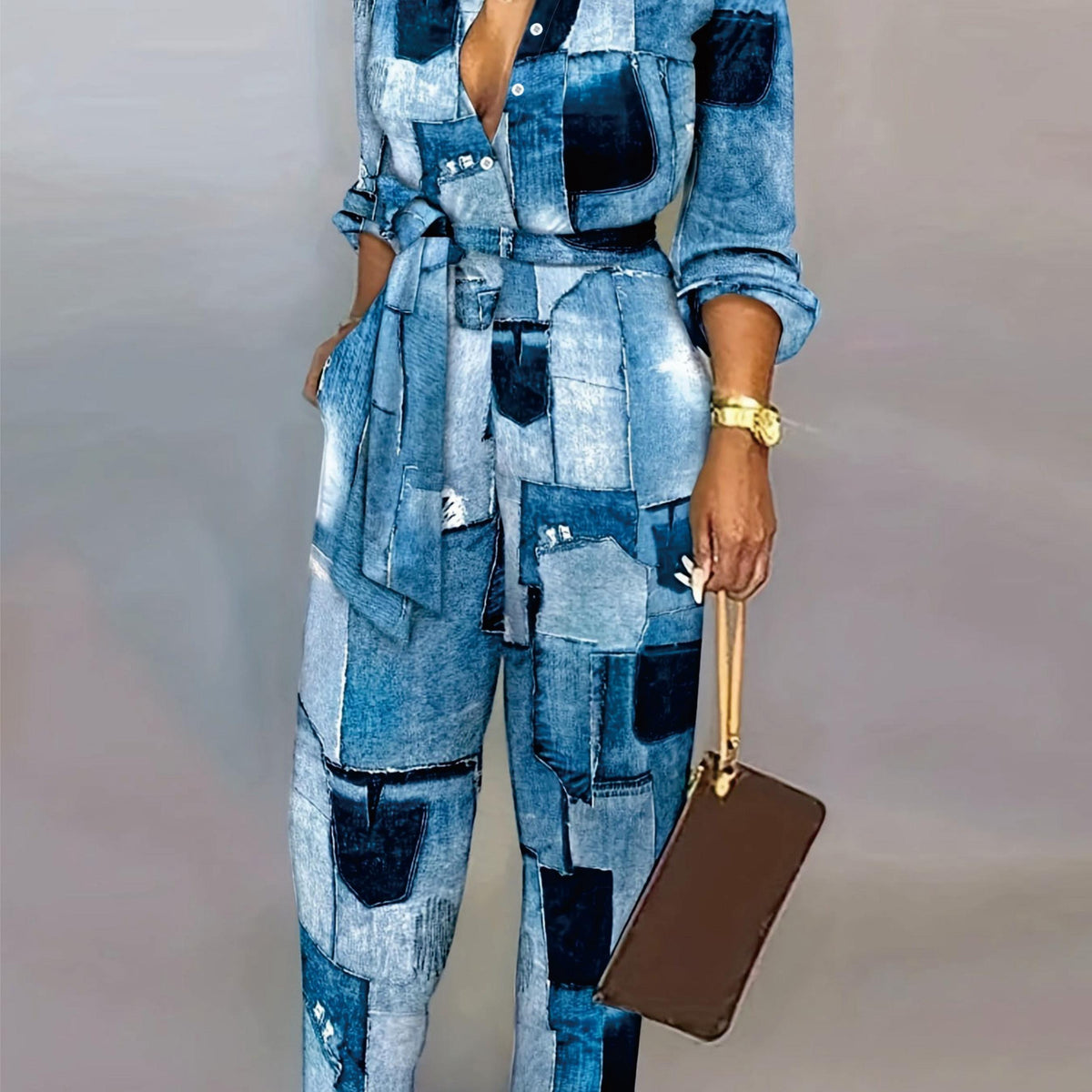  Denim Print Button Up Long Sleeve Wide Leg Jumpsuit