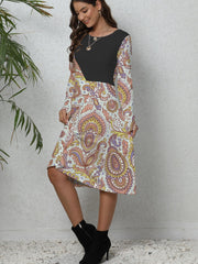  Boho Paisley Print Long Sleeve Stretch Dress