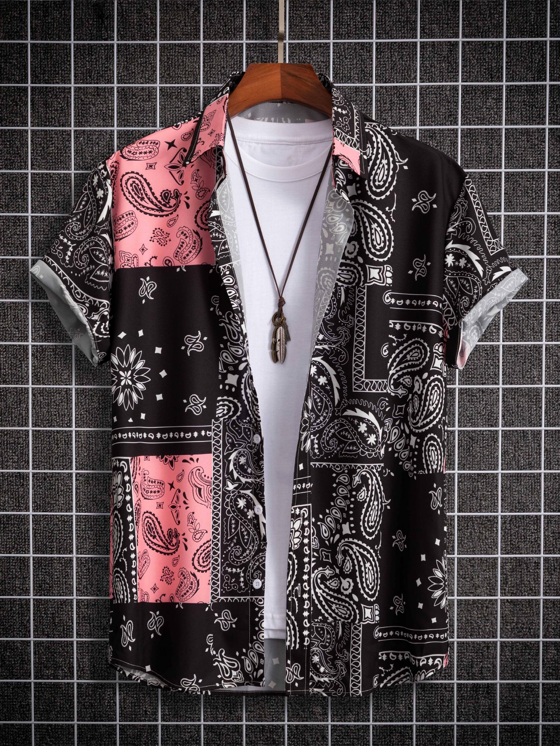 Paisley Print Men s Casual Short Sleeve Mismatch Shirt for Summer Vacation