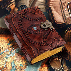 Vintage Leather Journal Antique Brown Deckle Edge Paper Embossed Cover
