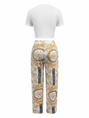 Boho 2pc Set Short Sleeve Crop Top & Wide Leg Pants Outfit