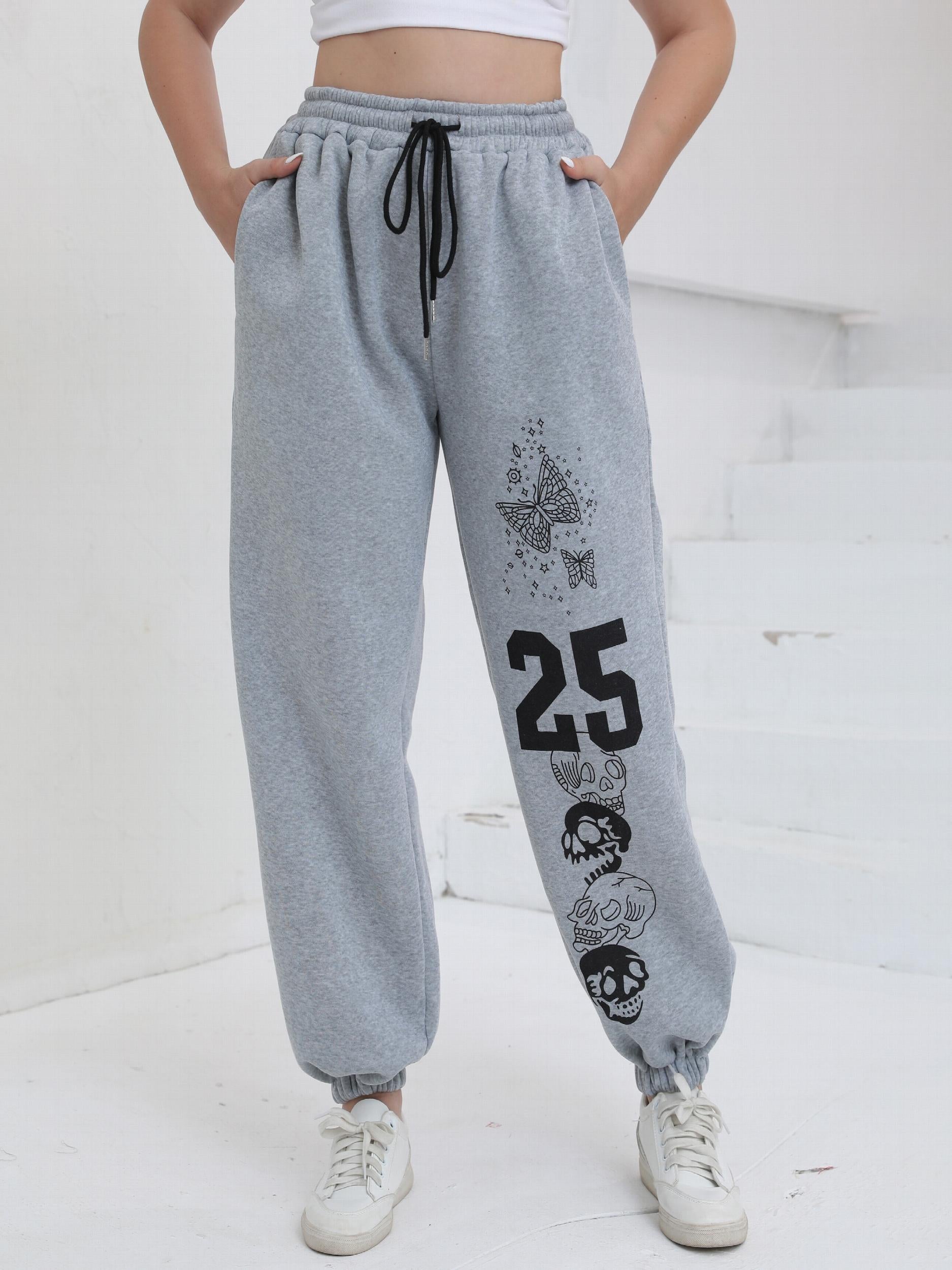  Casual Pants Women's Plus Butterfly & Skull & Number Print Drawstring