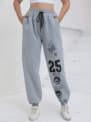  Casual Pants Women's Plus Butterfly & Skull & Number Print Drawstring