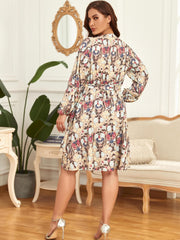 Floral Print Long Sleeve Wrap Dress Belted Plus Size