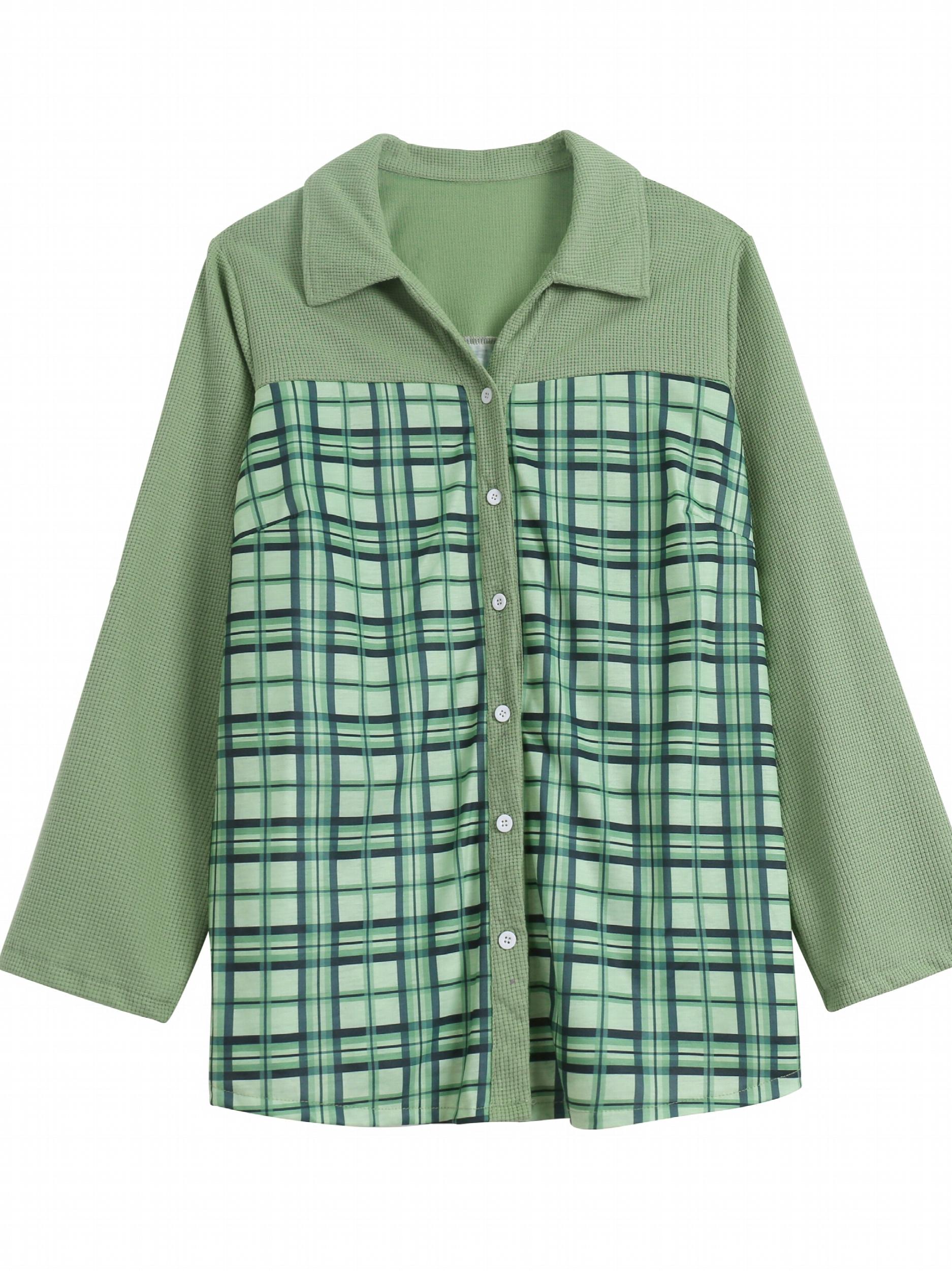  Colorblock Plaid Print Button Up Roll Up Sleeve Blouse