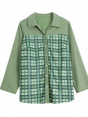  Colorblock Plaid Print Button Up Roll Up Sleeve Blouse