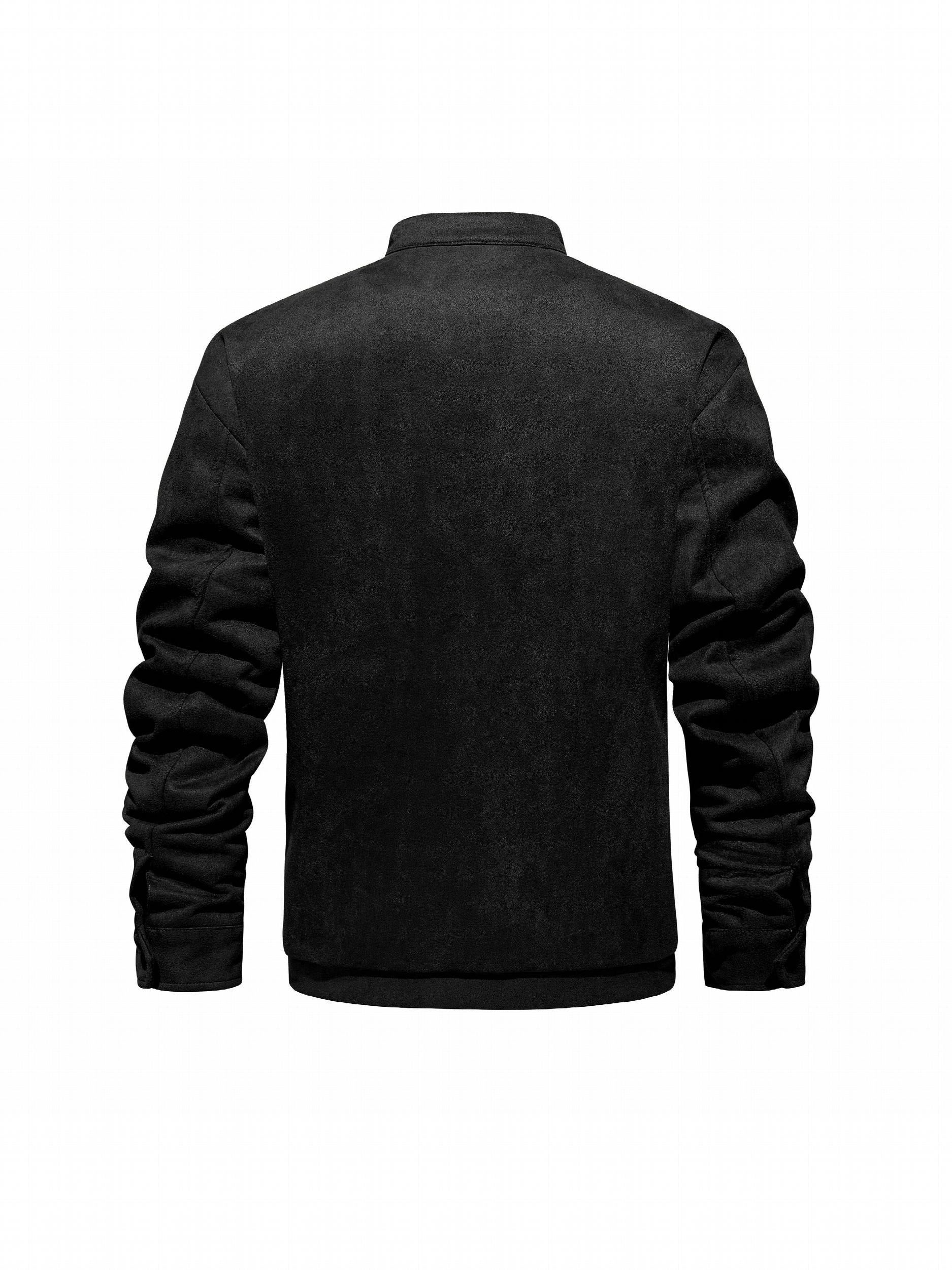 PU Jacket Men's Solid Zip Up Stand Collar Faux Leather Jacket
