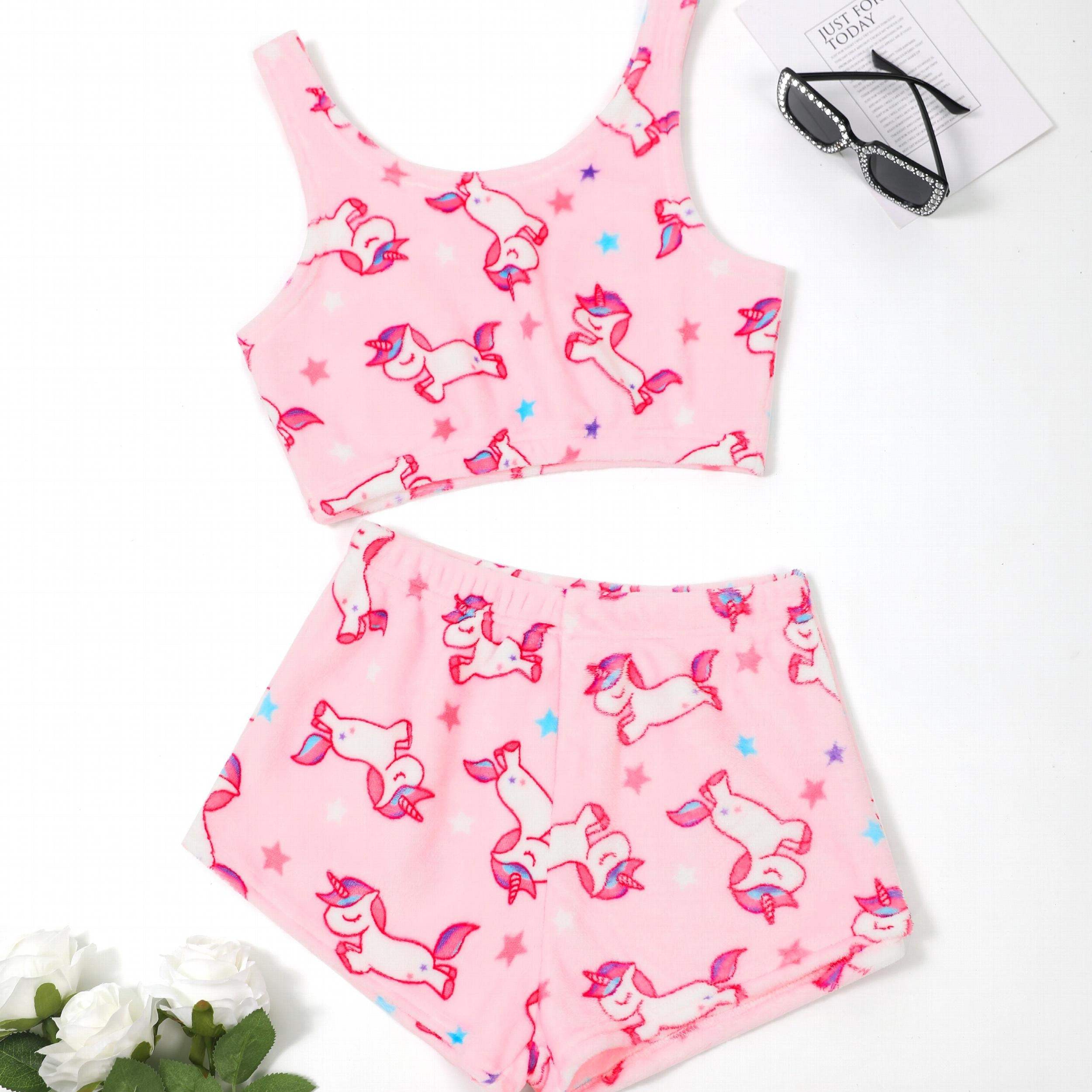  Women's Unicorn & Star Print Flannel Crop Top & Shorts Pajama Set
