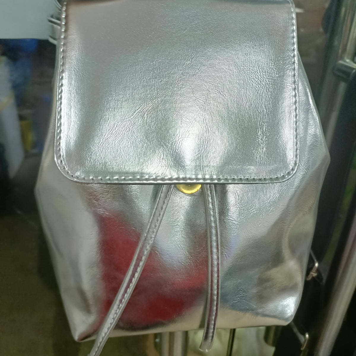 Small Drawstring Flap Backpack PU Leather Textured School Backpack