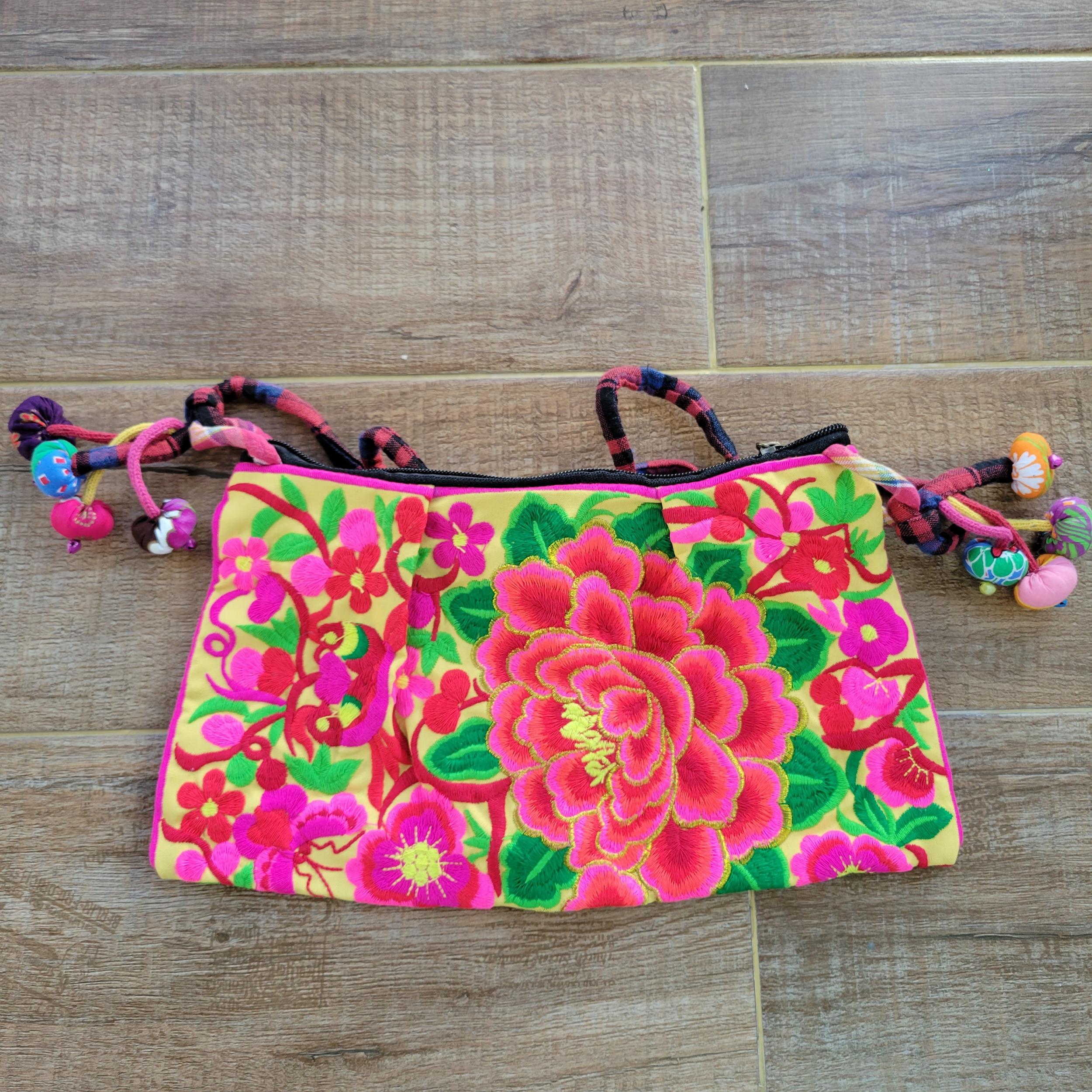 Embroidery Pattern Shoulder Bag with Pompon, Small Crossbody Bag