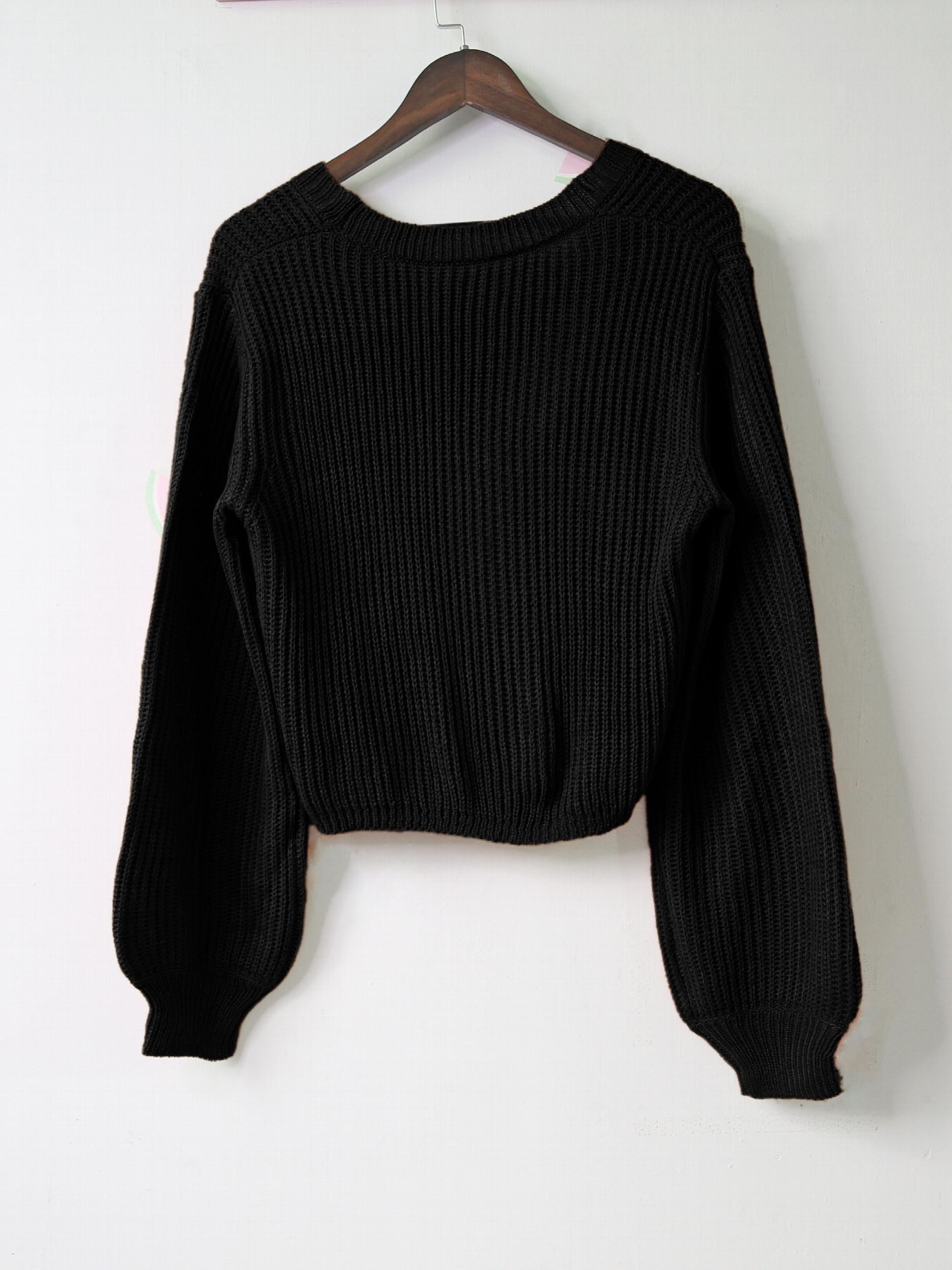 Solid Button Front Knit Cardigan V Neck Sweater