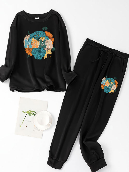  Floral & Letter Print Tee & Joggers Pajamas Set