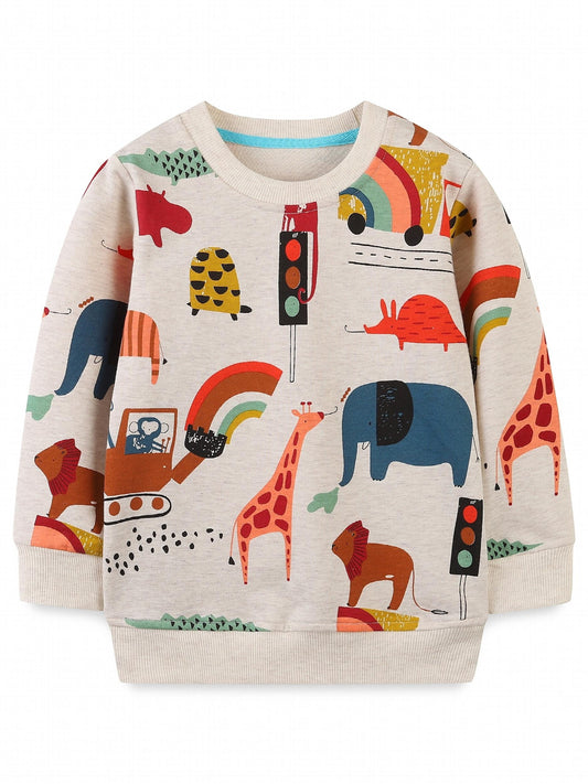 Cartoon Animals Print Boys Sweatshirt Crew Neck Long Sleeve Kids Clothing