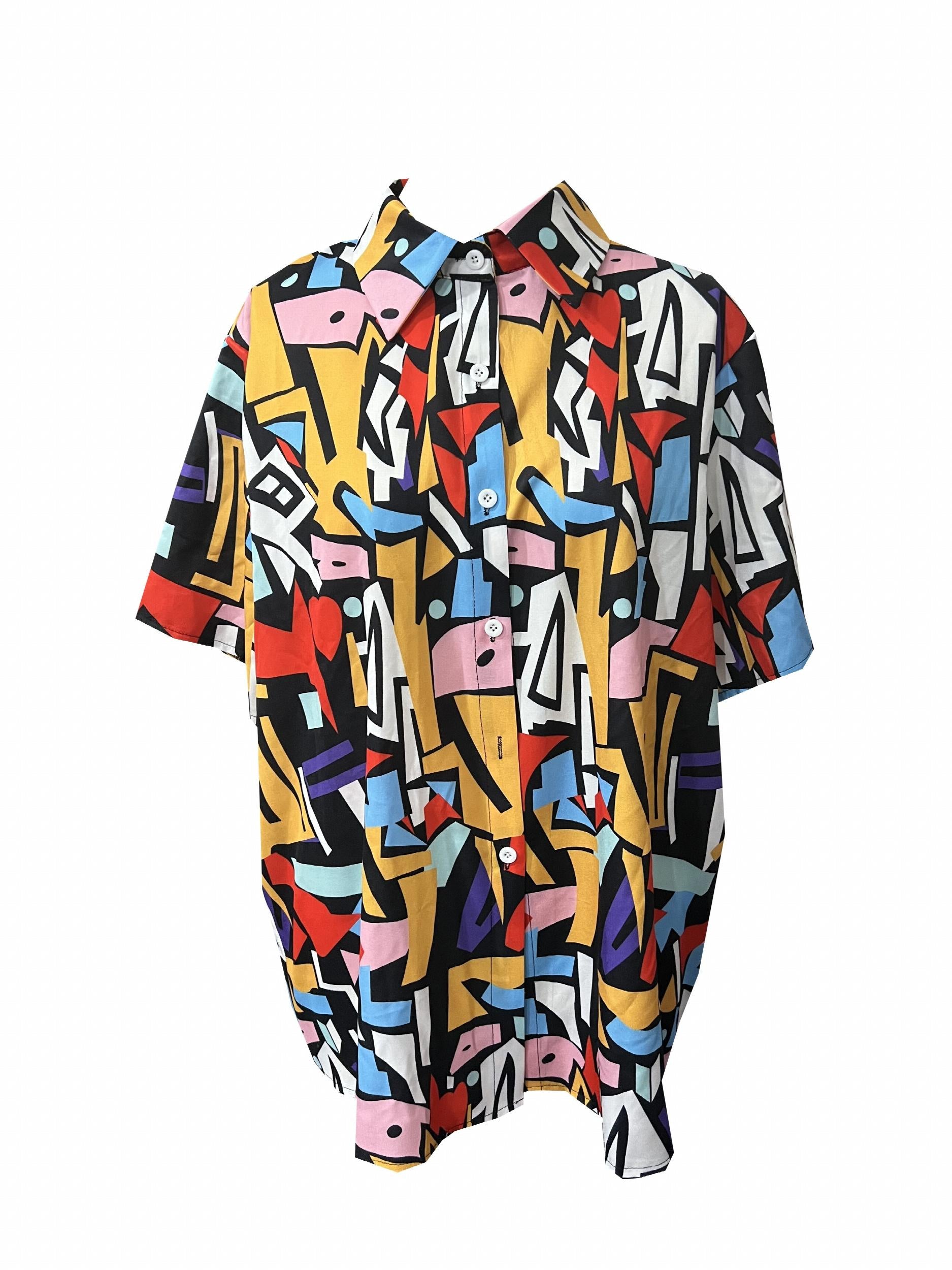  Colorblock Geometric Print Button Up Blouse