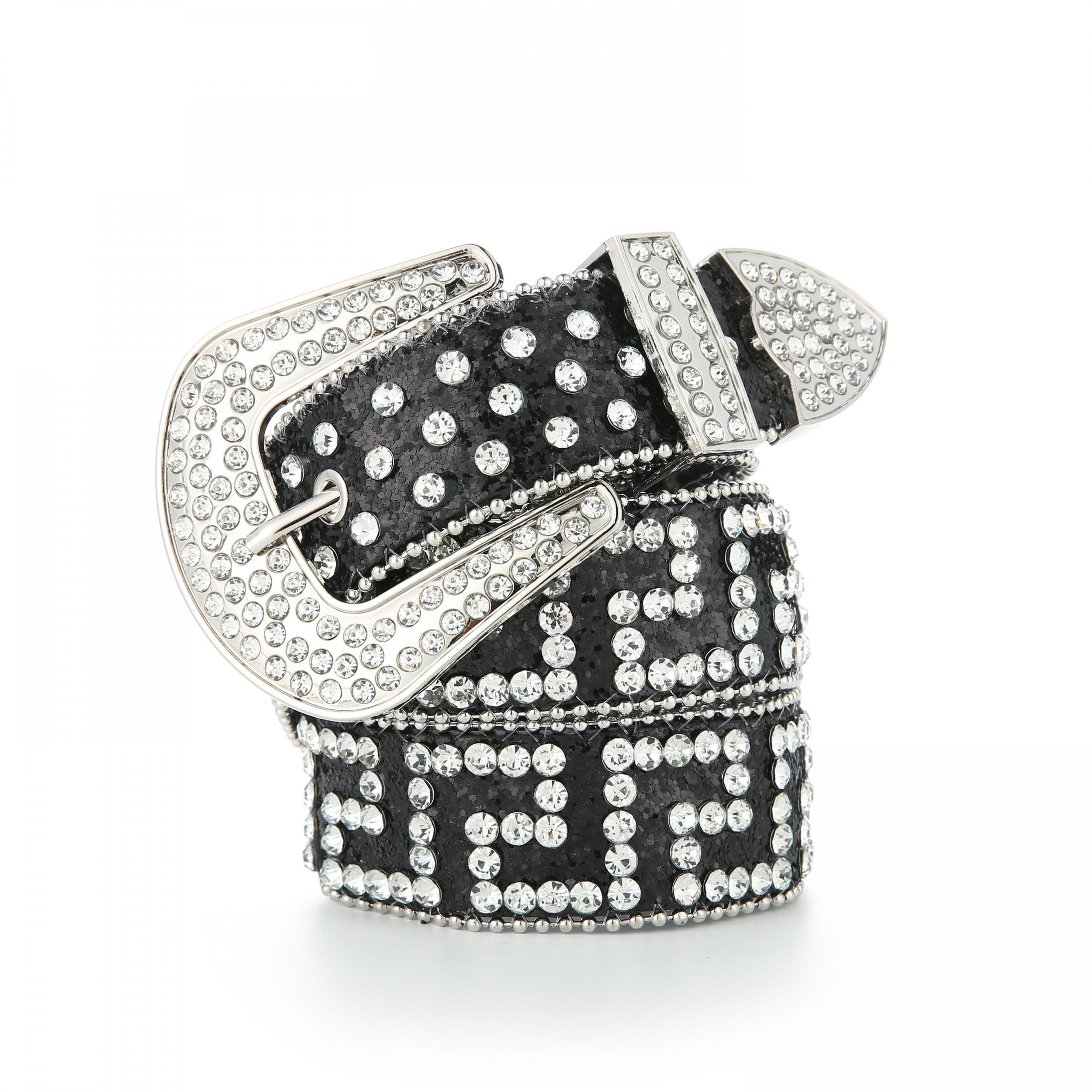 Y2K Sparkly Glitter Belt Geometric Rhinestone Decor Hip Hop PU Leather Belt