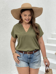  Casual Blouse Women's Plus Solid Bat Sleeve Notched Neck Loose Blouse